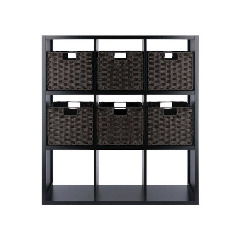 7-Pc 3x3 Storage Shelf with 6 Foldable Woven Baskets, Black and Chocolate