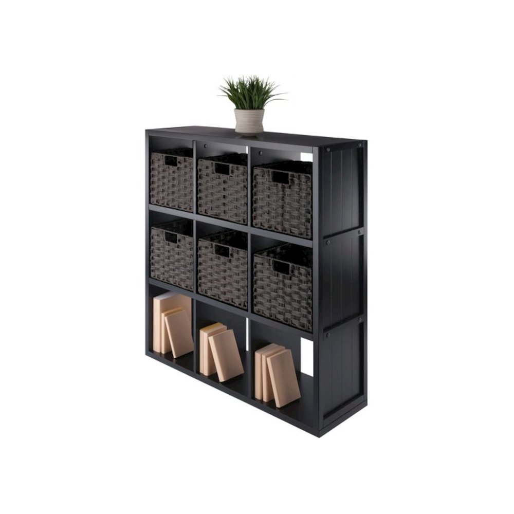 7-Pc 3x3 Storage Shelf with 6 Foldable Woven Baskets, Black and Chocolate