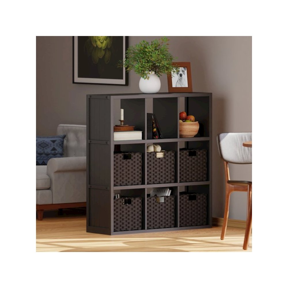 7-Pc 3x3 Storage Shelf with 6 Foldable Woven Baskets, Black and Chocolate