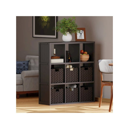 7-Pc 3x3 Storage Shelf with 6 Foldable Woven Baskets, Black and Chocolate