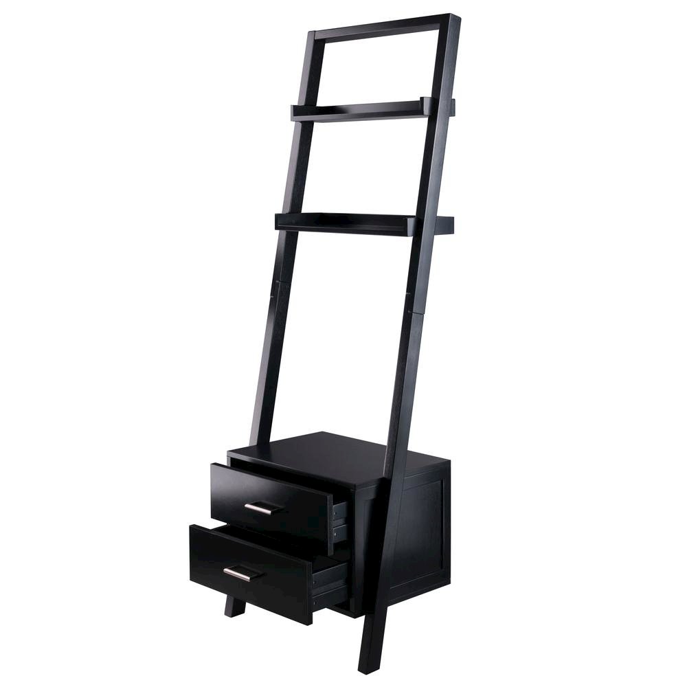 Black Leaning Shelf, Ladder Design, Storage Rack, Two Drawers