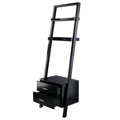 Black Leaning Shelf, Ladder Design, Storage Rack, Two Drawers