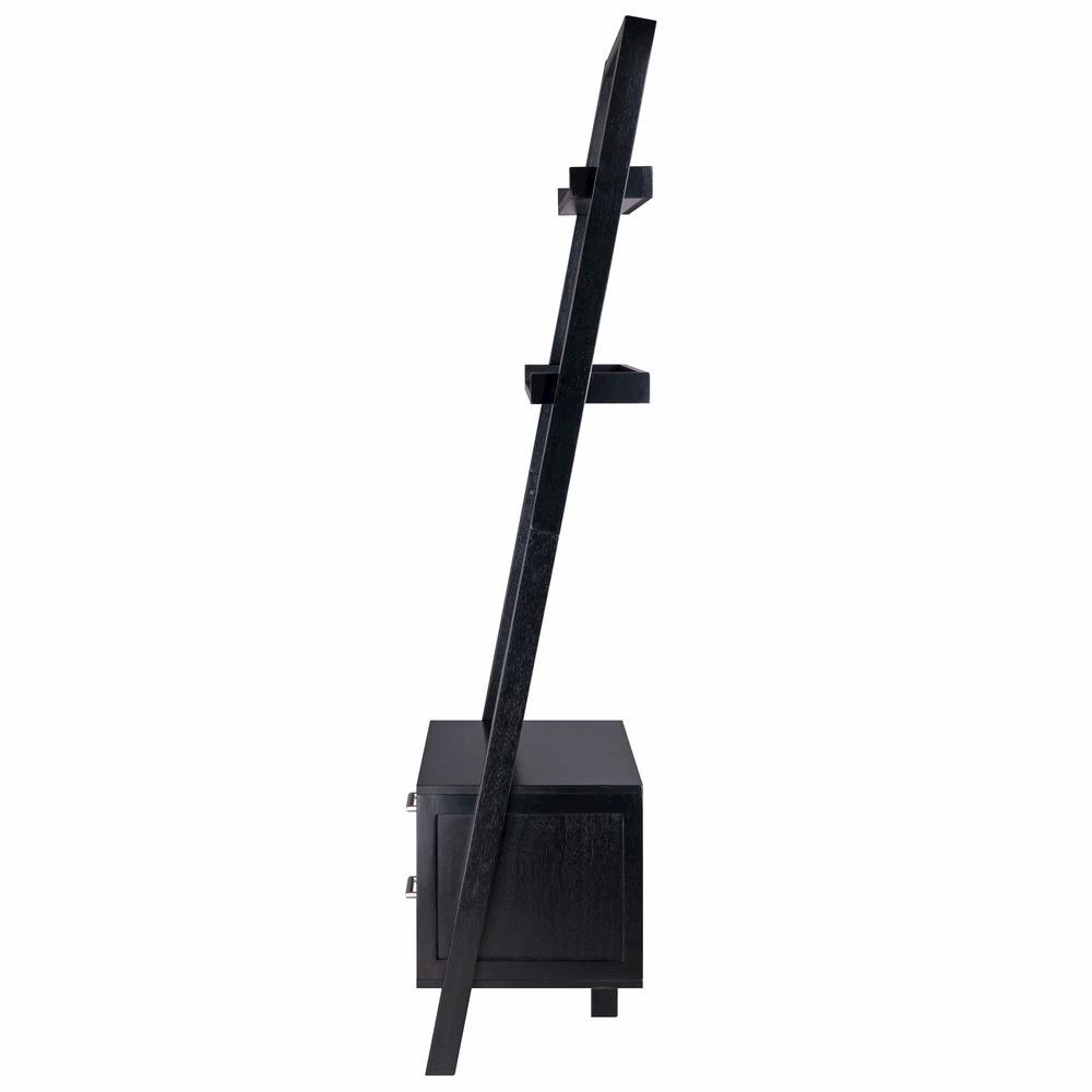 Black Leaning Shelf, Ladder Design, Storage Rack, Two Drawers