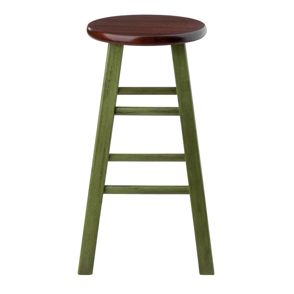 24" Rustic Green Counter Stool, Round Solid Wood Seat, Fully Assembled