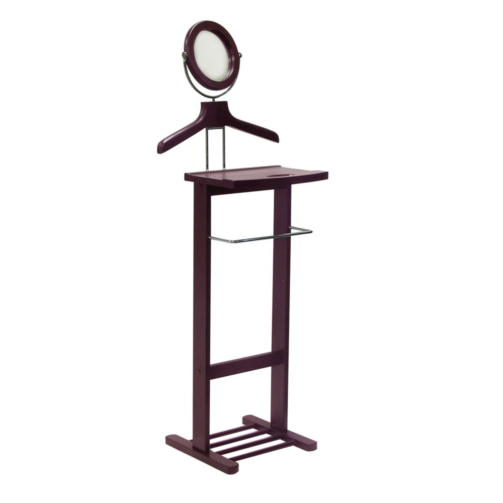 Espresso Solid Wood Suit Stand, Valet Stand for Clothes with Mirror and Tray