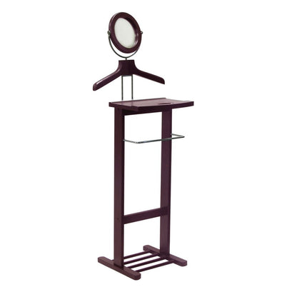 Espresso Solid Wood Suit Stand, Valet Stand for Clothes with Mirror and Tray