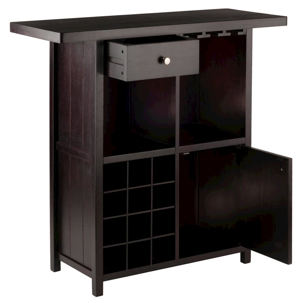 Wine Cabinet, Brown Solid Wood, 12 Bottle Rack, Storage Drawer, Two Shelves