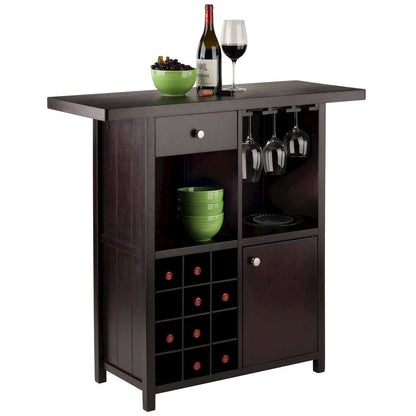 Wine Cabinet, Brown Solid Wood, 12 Bottle Rack, Storage Drawer, Two Shelves