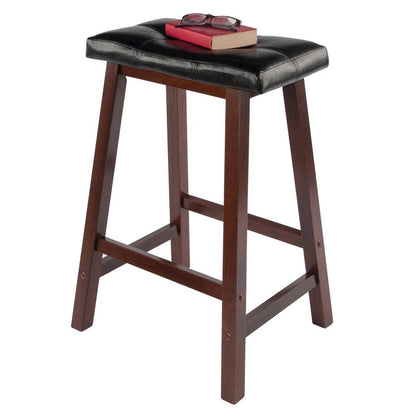 Black Faux Leather Saddle Seat Bar Stool, 24 Inch Counter Height Kitchen Stool