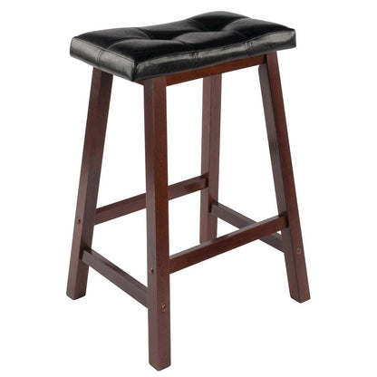 Black Faux Leather Saddle Seat Bar Stool, 24 Inch Counter Height Kitchen Stool