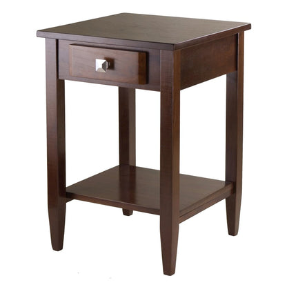 End Table with Drawer, Tapered Legs, Lower Shelf, Walnut