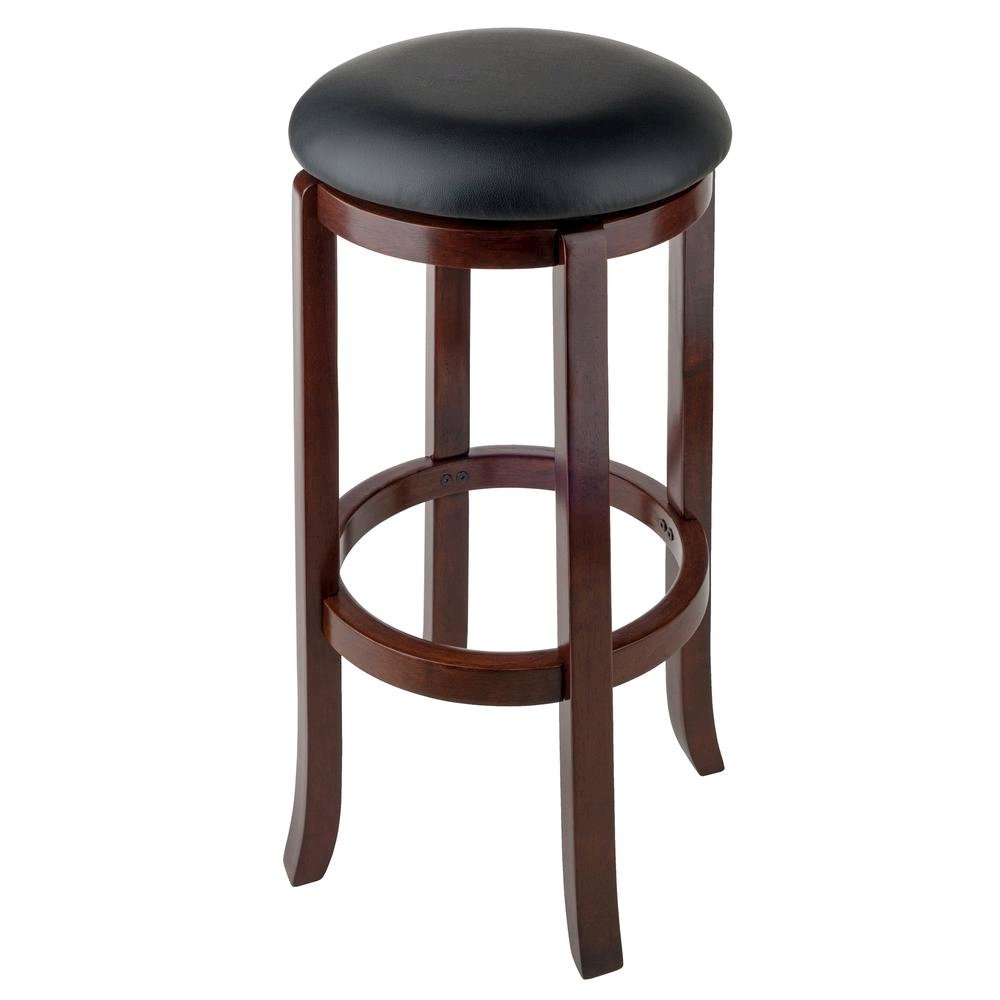 Bar Stool, Brown Solid Wood, Swivel Cushioned PVC Seat, 30 Inch Height