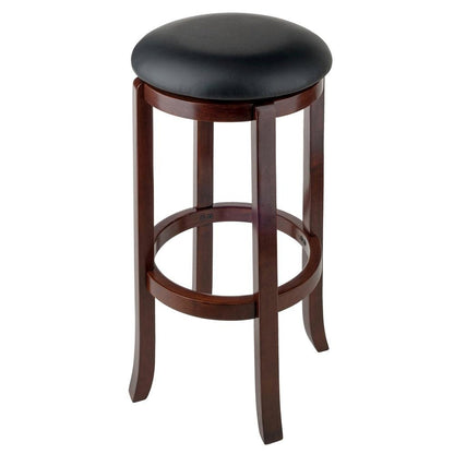 Bar Stool, Brown Solid Wood, Swivel Cushioned PVC Seat, 30 Inch Height