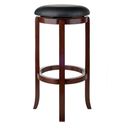 Bar Stool, Brown Solid Wood, Swivel Cushioned PVC Seat, 30 Inch Height