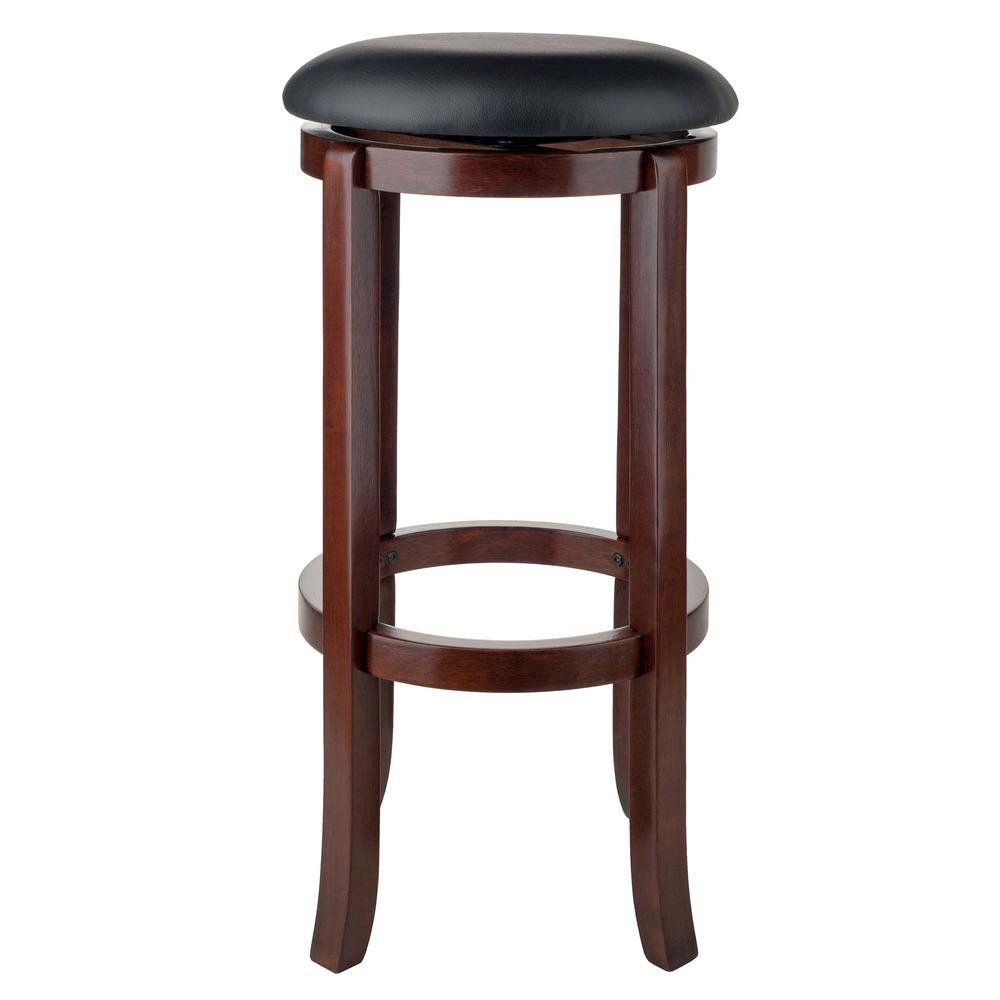 Bar Stool, Brown Solid Wood, Swivel Cushioned PVC Seat, 30 Inch Height