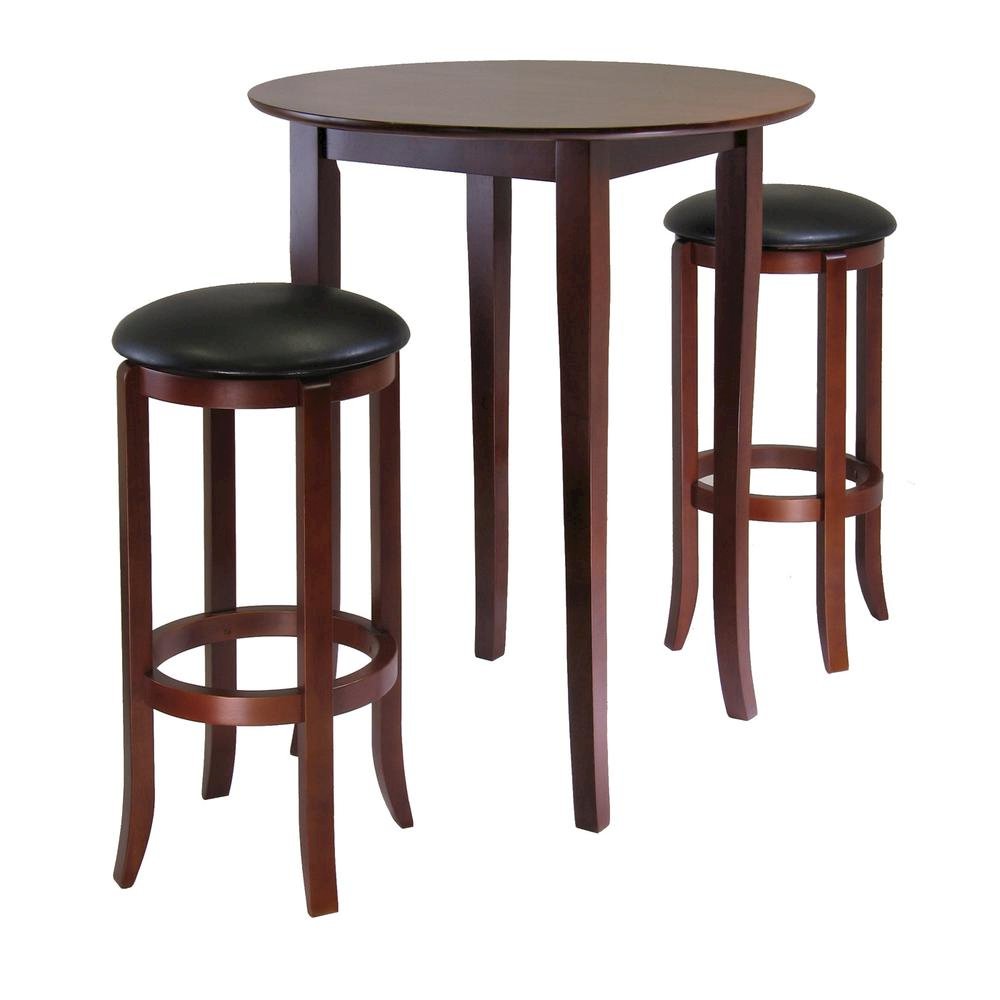 Round High Table Set, Solid Wood, 2 Stools, Black Faux Leather