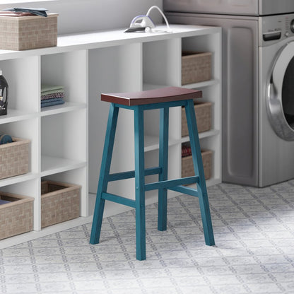 Satori Saddle Seat Bar Stool, Rustic Teal and Walnut