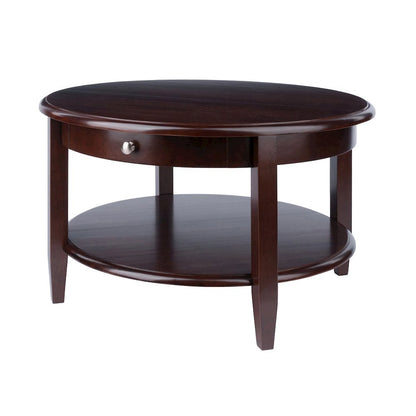 Round Coffee Table with Drawer & Shelf, Walnut Finish