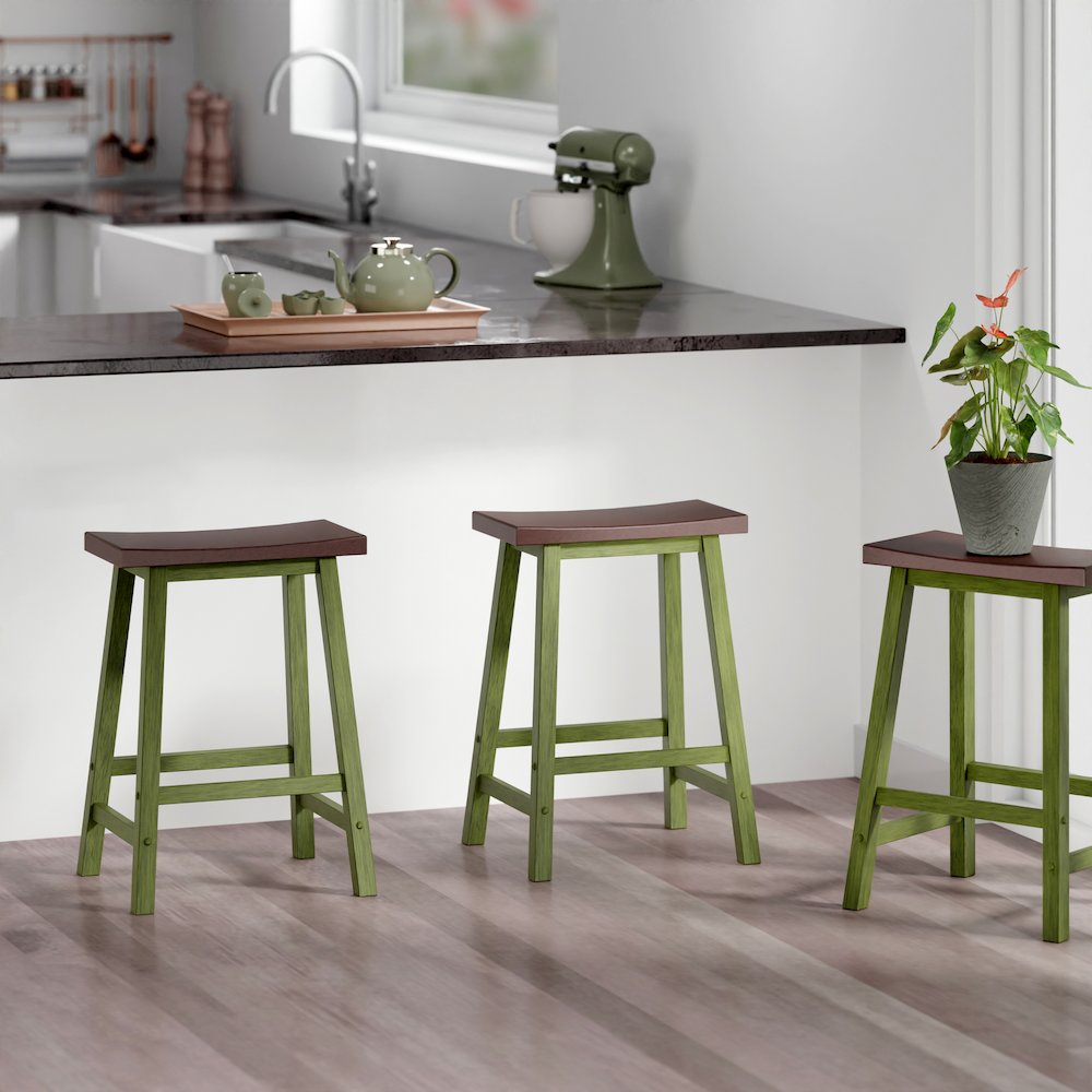 Satori Saddle Seat Counter Stool, Rustic Green and Walnut