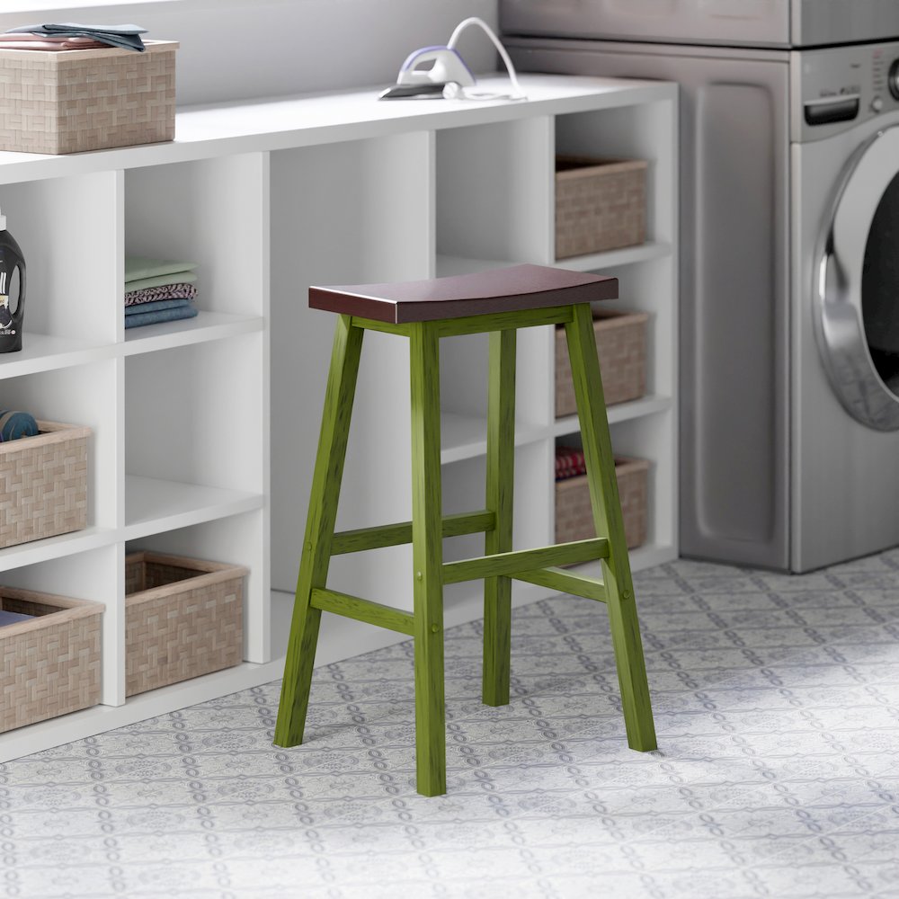 Satori Saddle Seat Bar Stool, Rustic Green and Walnut