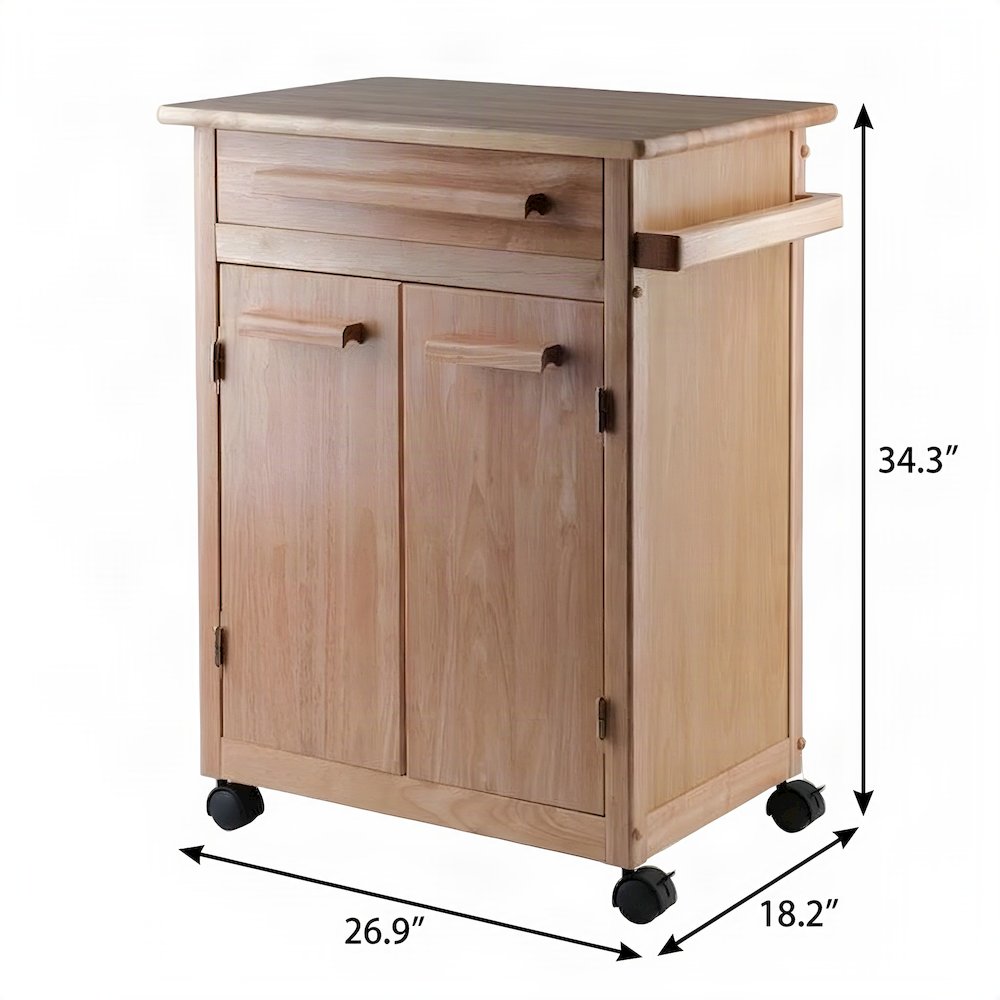 Solid Wood Rolling Kitchen Cart with Open Shelf and Towel Bar, Natural