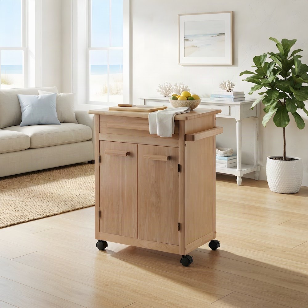 Solid Wood Rolling Kitchen Cart with Open Shelf and Towel Bar, Natural