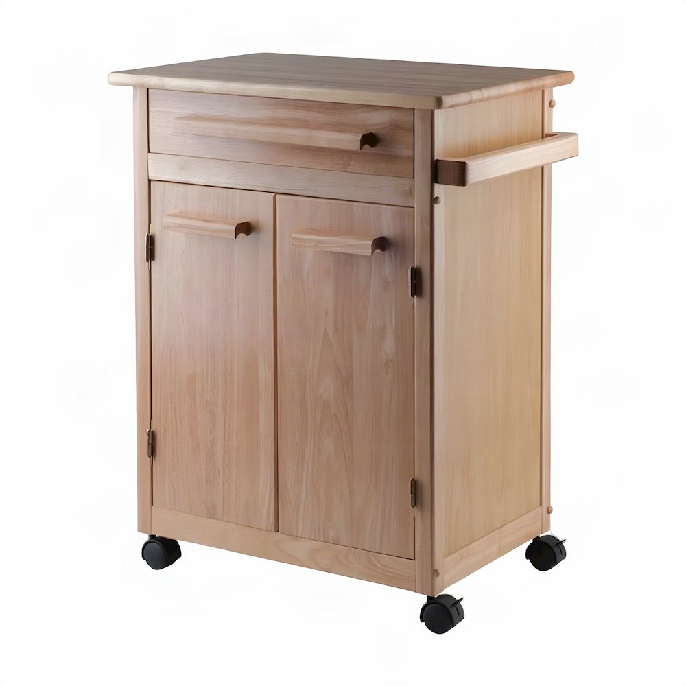 Solid Wood Rolling Kitchen Cart with Open Shelf and Towel Bar, Natural