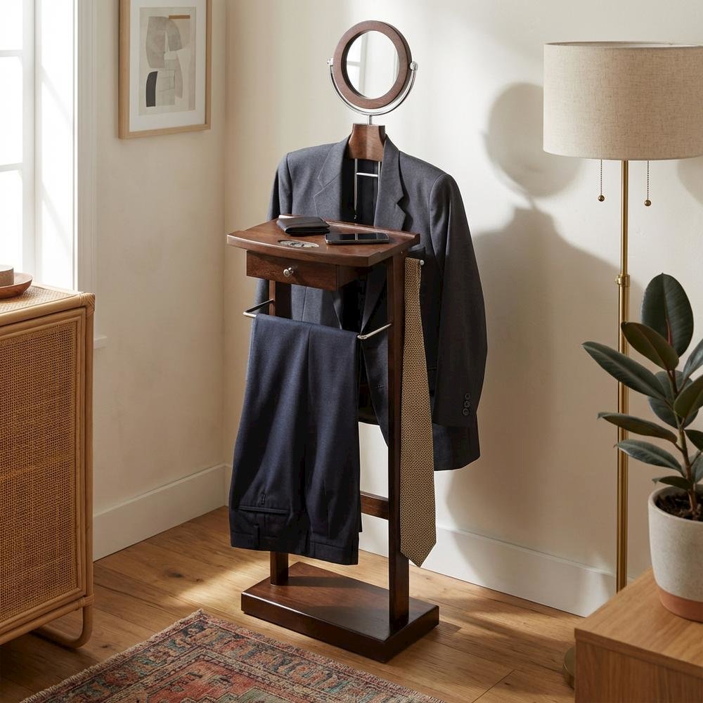 Dark Espresso Solid Wood Clothes Valet Stand with Mirror, Drawer, and Tray