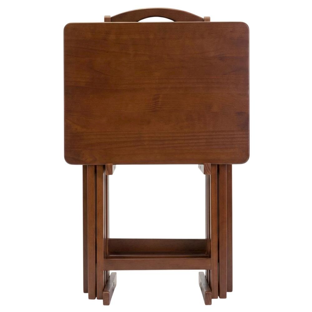 Solid Wood TV Trays Set Of 4 With Storage Rack in Walnut Finish