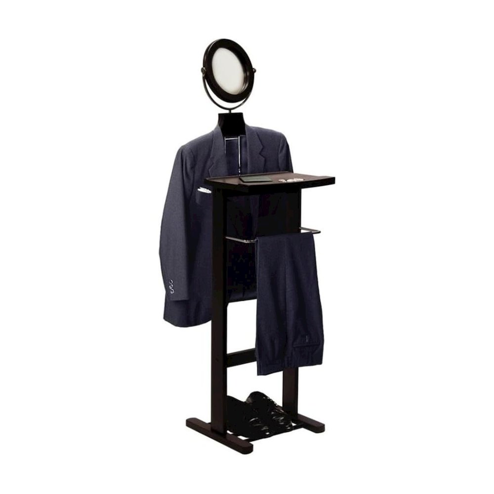 Espresso Solid Wood Suit Stand, Valet Stand for Clothes with Mirror and Tray