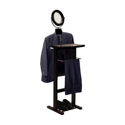 Espresso Solid Wood Suit Stand, Valet Stand for Clothes with Mirror and Tray