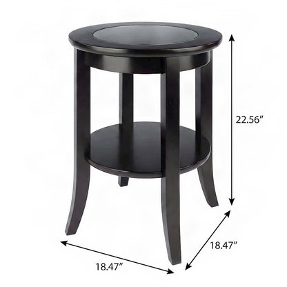 Solid Wood Glass-Inset End Table with Open Shelf, Small Side Table, Espresso