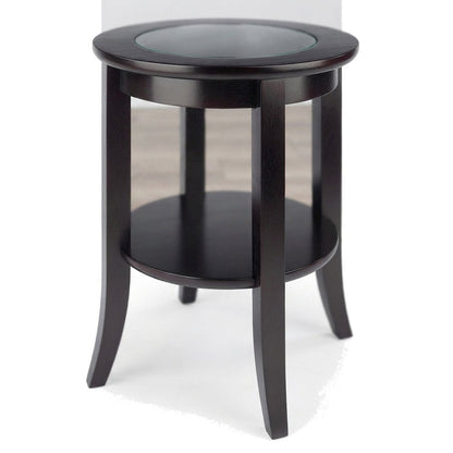 Solid Wood Glass-Inset End Table with Open Shelf, Small Side Table, Espresso