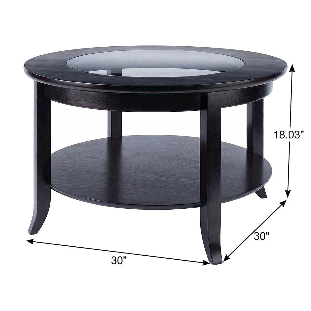 Transitional Solid Wood Coffee Table with Glass Inset Top, Open Shelf, Espresso