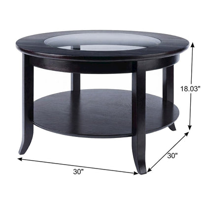 Transitional Solid Wood Coffee Table with Glass Inset Top, Open Shelf, Espresso