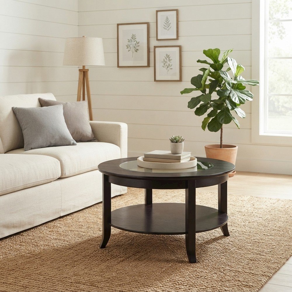 Transitional Solid Wood Coffee Table with Glass Inset Top, Open Shelf, Espresso