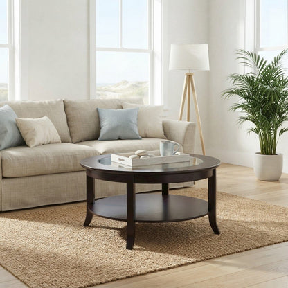 Transitional Solid Wood Coffee Table with Glass Inset Top, Open Shelf, Espresso