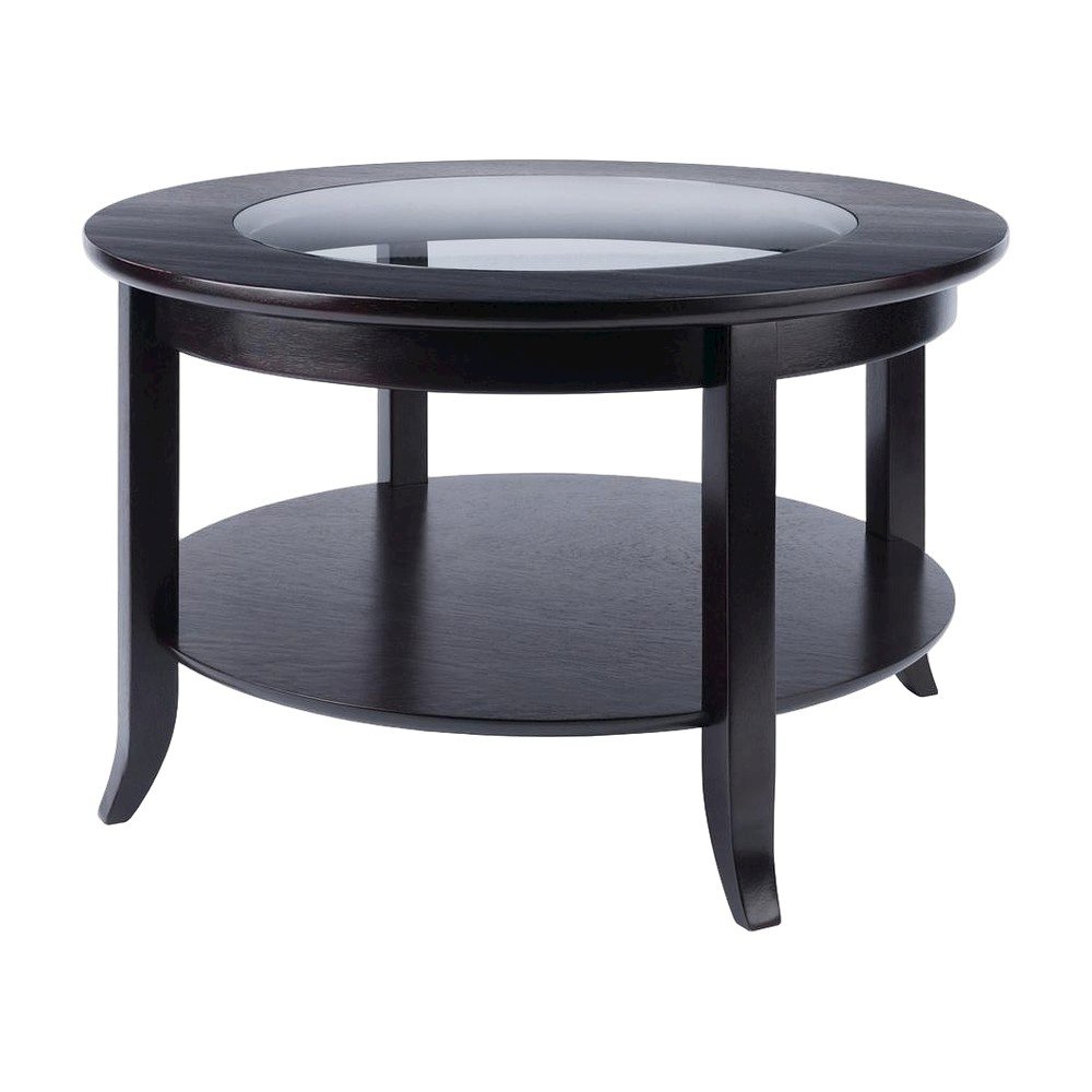 Transitional Solid Wood Coffee Table with Glass Inset Top, Open Shelf, Espresso