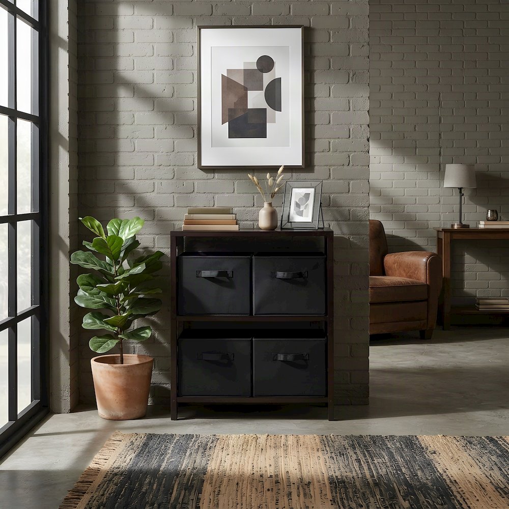 Solid Wood Floor Cabinet with 4 Foldable Fabric Storage Baskets, Espresso