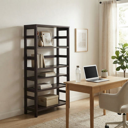 Solid Wood 3-Tier Wide Bookshelf with Open Shelves and Storage, Espresso