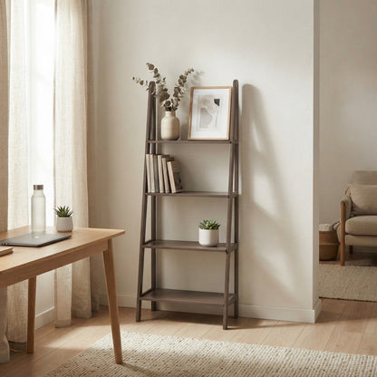 Transitional Solid Wood A-Frame Ladder Bookshelf, Leaning Shelf Stand, Espresso