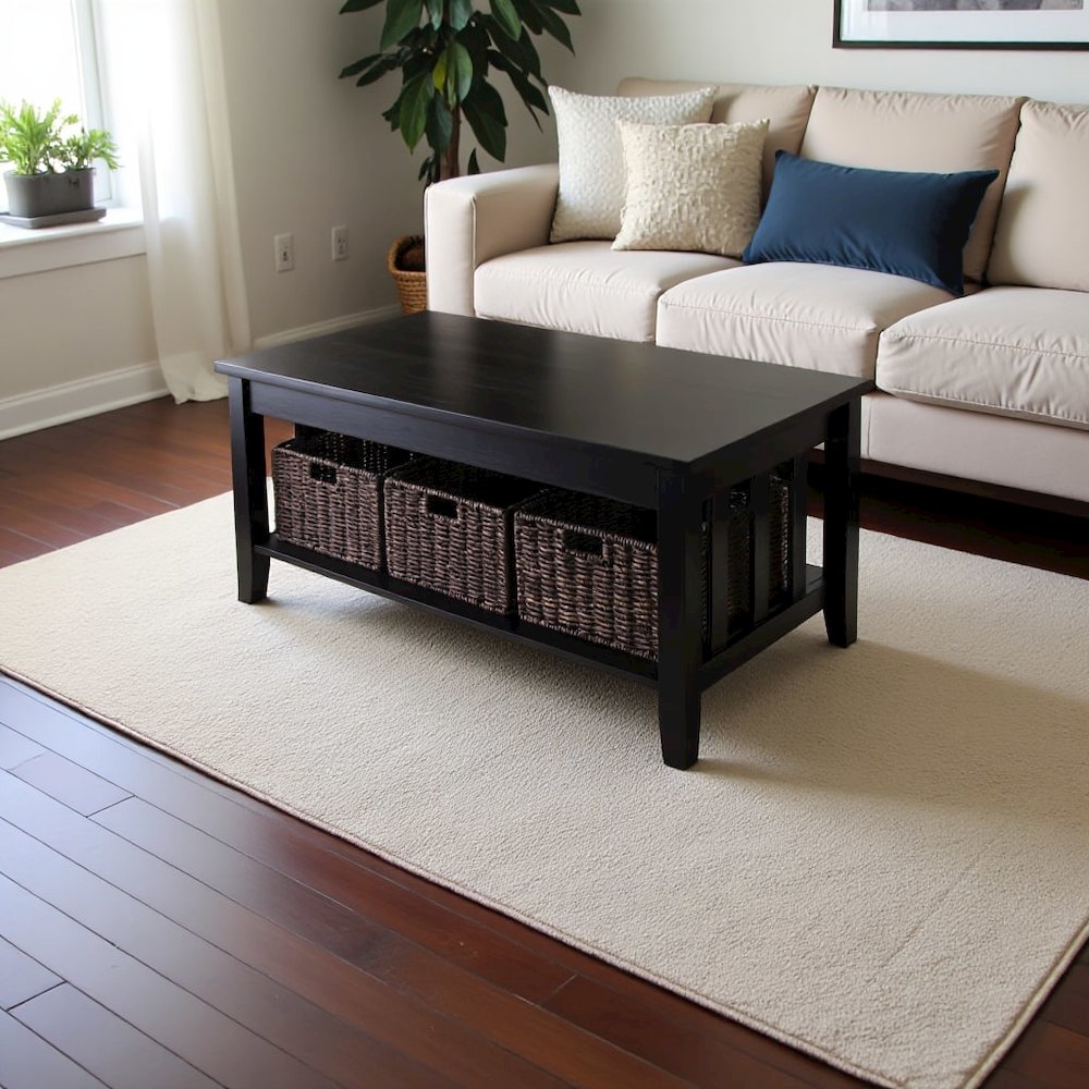 Espresso Coffee Table with Storage Baskets – Elegant Living Room Table
