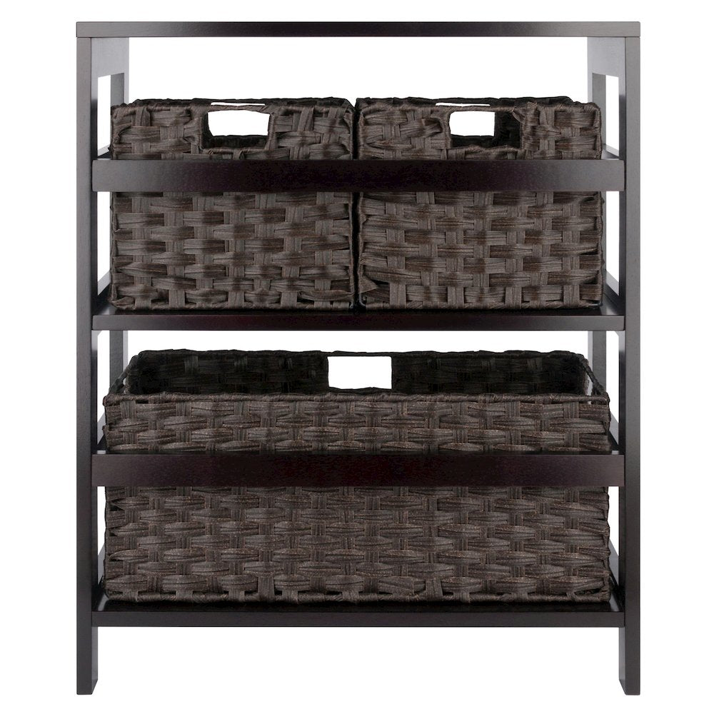 Leo 4-Pc Storage Shelf with 3 Foldable Woven Baskets, Espresso and Chocolate