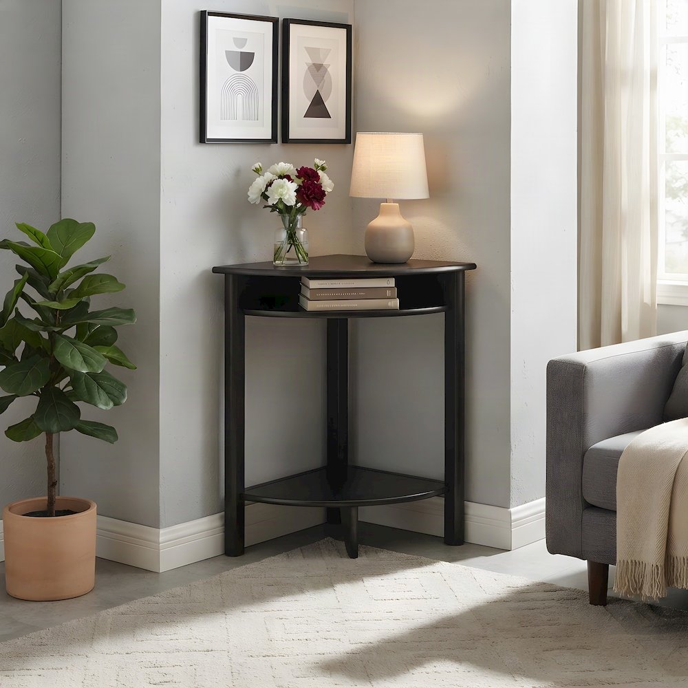 Solid Wood Corner Table with Cube Storage and Open Shelf, Transitional, Espresso