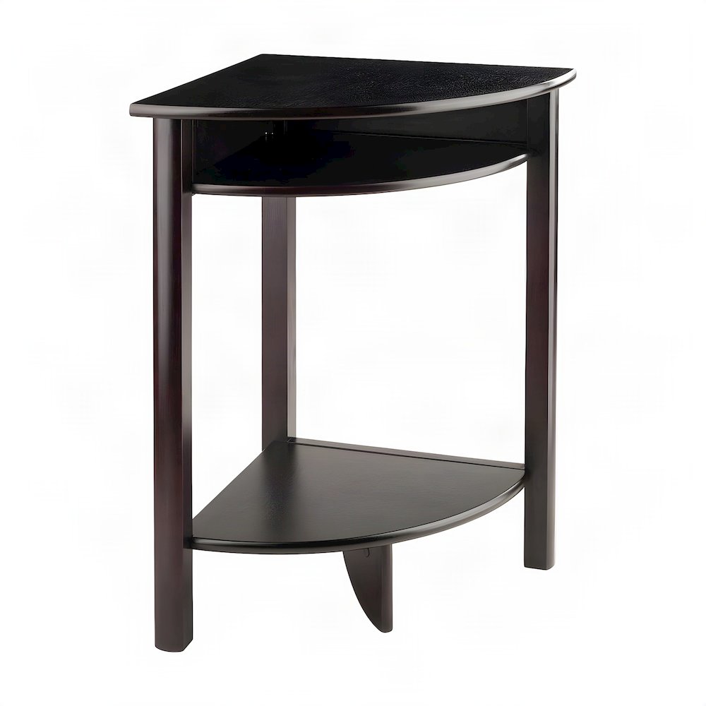Solid Wood Corner Table with Cube Storage and Open Shelf, Transitional, Espresso