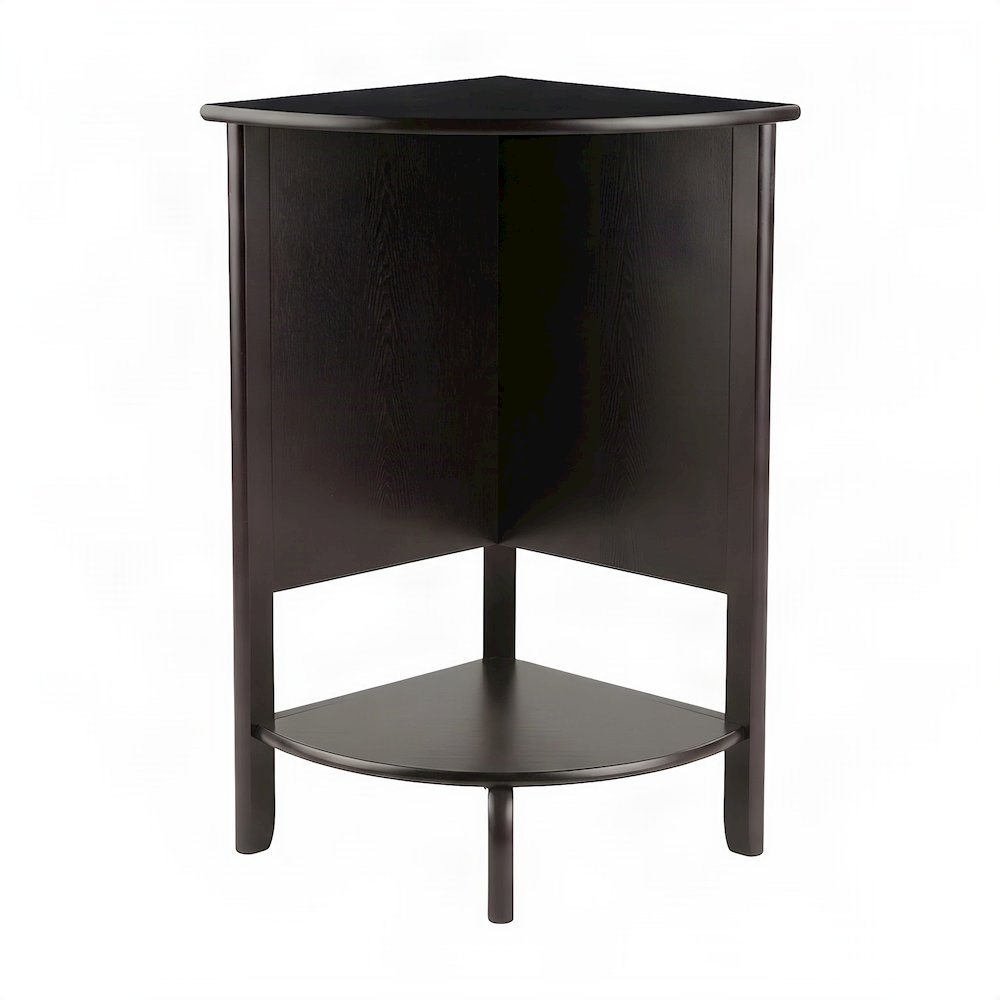 Solid Wood Corner Table with Cube Storage and Open Shelf, Transitional, Espresso
