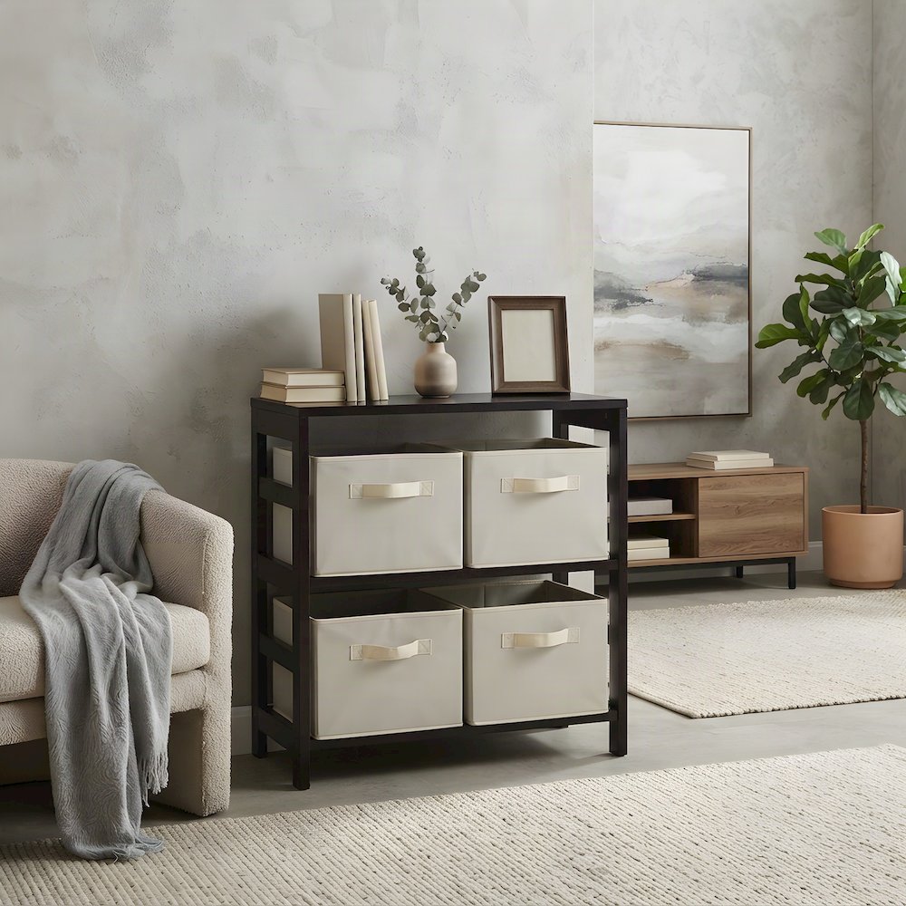 Solid Wood Floor Cabinet with 4 Foldable Fabric Storage Baskets, Espresso