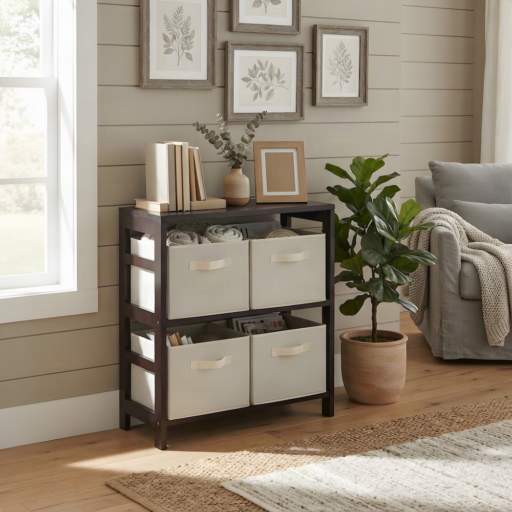 Solid Wood Floor Cabinet with 4 Foldable Fabric Storage Baskets, Espresso