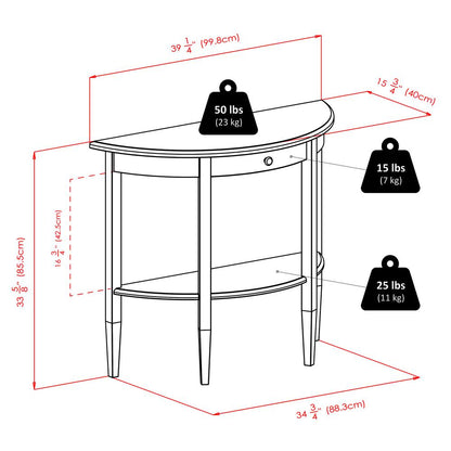 Concord Hall / Console Table,  Half Moon with Drawer, Shelf