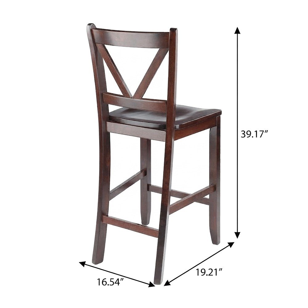 Solid Wood Counter Height Bar Stools with V-Back, Set of 2 Barstools, Walnut